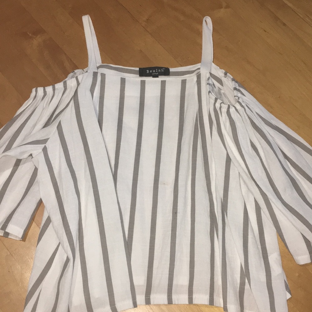 White and beige stripe peep shoulder top